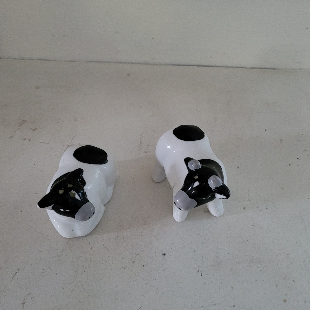 Cow shaped salt and pepper shaker sets.